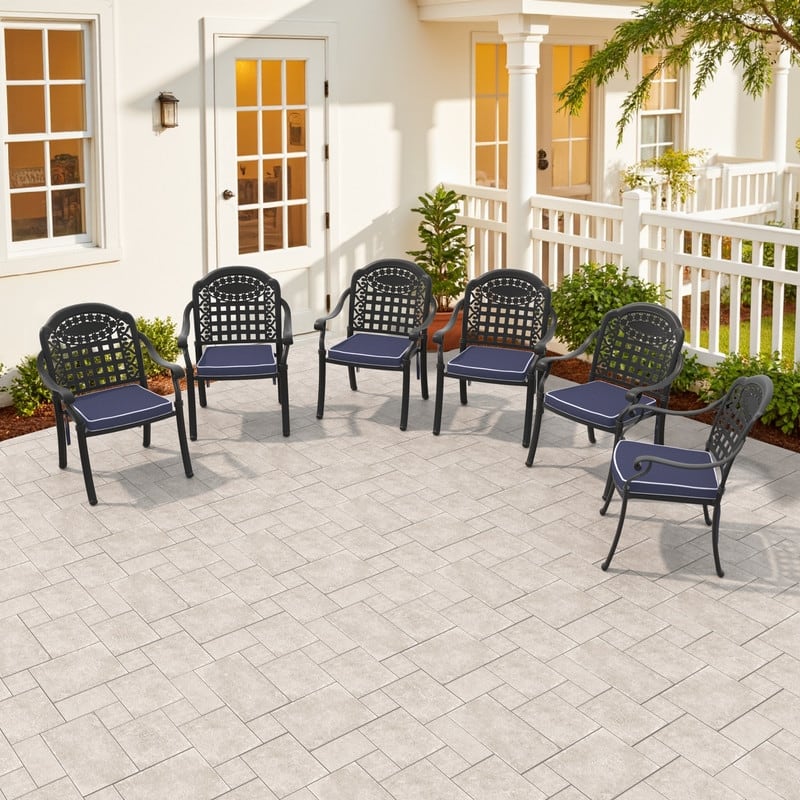 Black Stackable Cast Aluminum Patio Outdoor Dining Chairs With Blue Seat Cushions - Black(Set of 6)