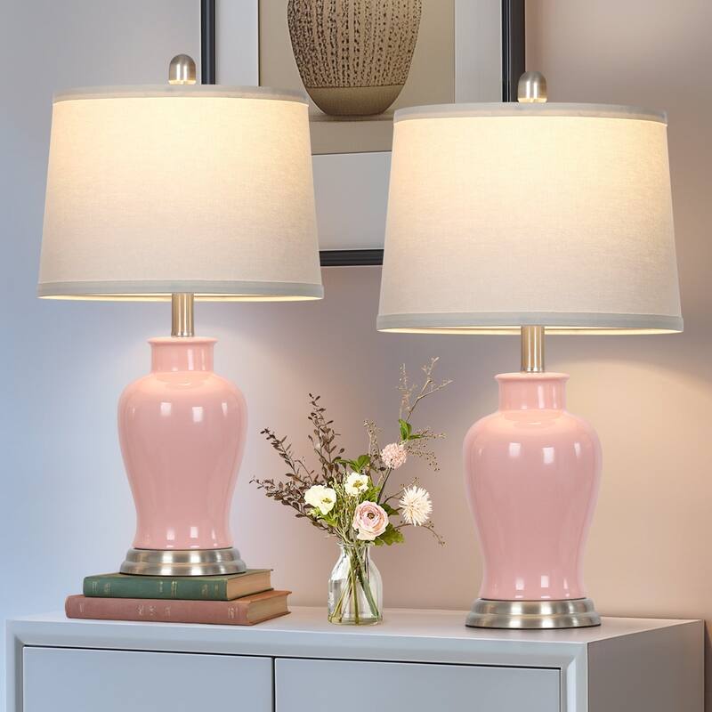 23-Inch Ceramic Ginger Jar Table Lamp with White Fabric Shade and LED Bulb