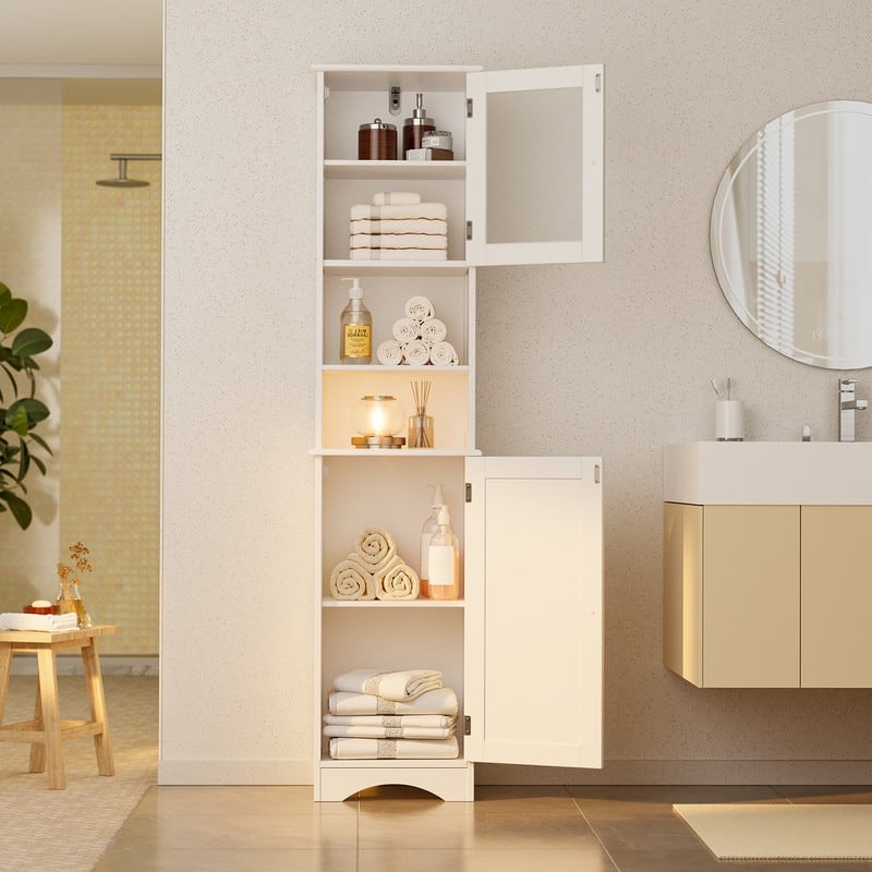 Freestanding Narrow Tall Bathroom Storage Cabinet with Adjustable Shelves, Door and Open Shelves - 67.1''H - White