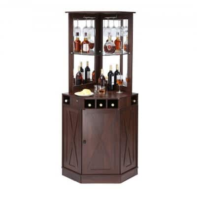 Freestanding Rustic Brown Wine Bar Cabinet for Home Corner 40 Bottle Rack with Glass Holder Shelves - 23.6 x 31.5 x 73.2 inch