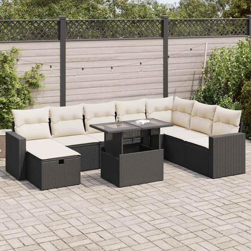 vidaXL Patio Sofa Set with Cushions Outdoor Furniture 9 Piece Poly Rattan - 21.7 x 39.4 x 28.7 in - Black and cream with storage