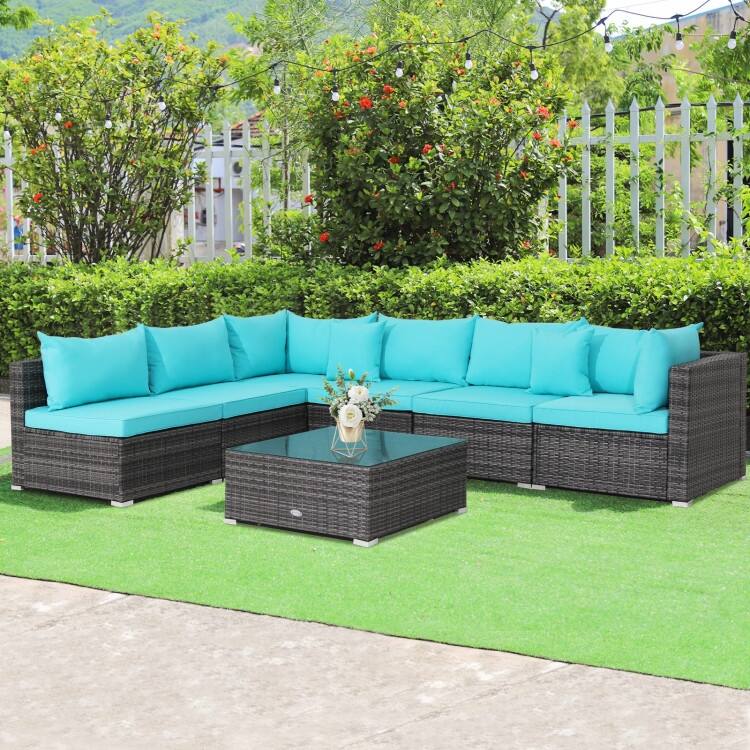 Patio Rattan Furniture Set Sectional Sofa Garden Cushion - 7 Pieces - Armless Sofa: 29" x 25.5" x 24" - Turquoise