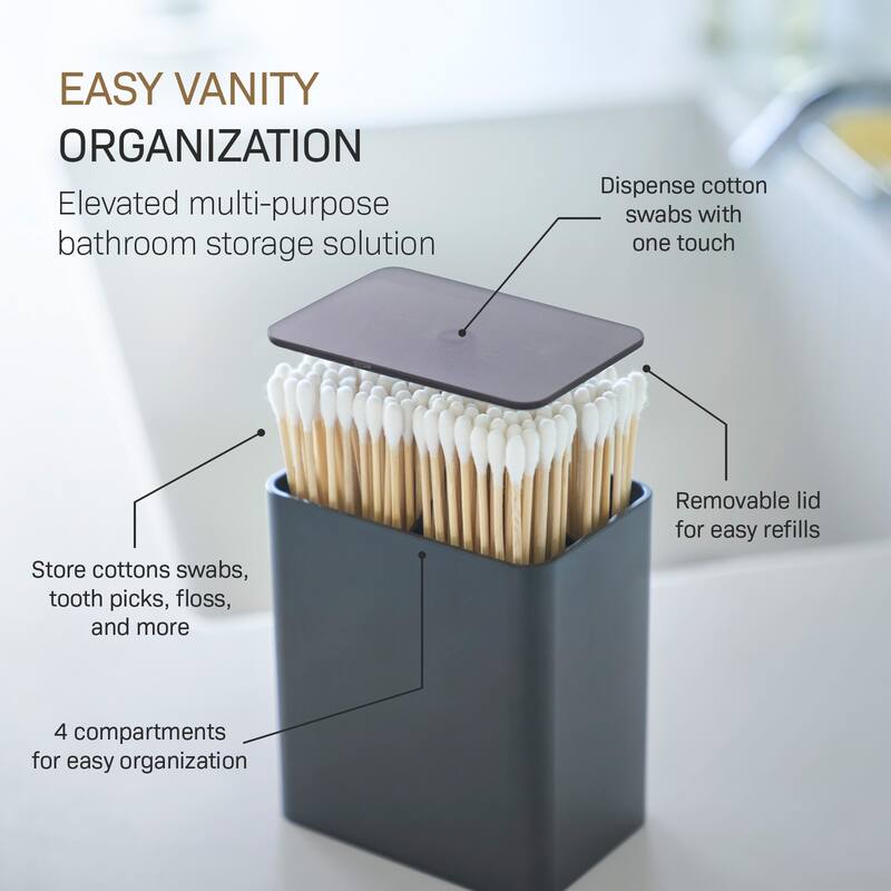 Yamazaki Home Cotton Swab Push-Top Case, ABS Plastic, 200 cotton swabs, Lid - L 2.6 x W 3.78 x H 4.25 inches