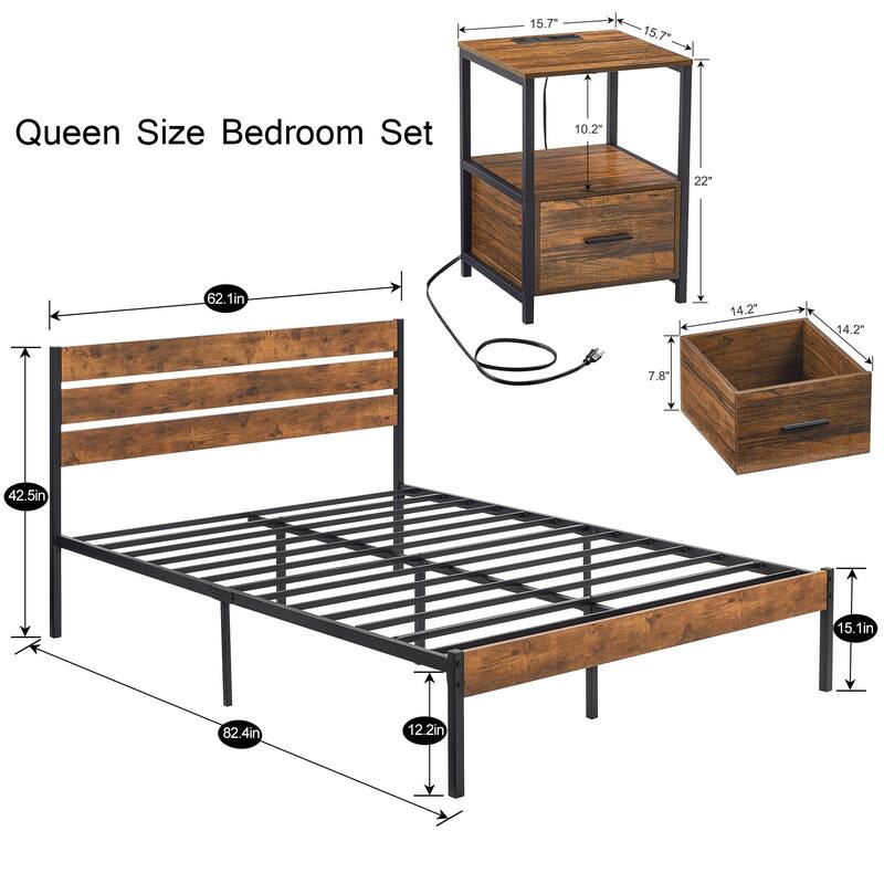 Javlergo 3-pieces Bedroom Set Queen Size Bed and 2 Nightstands with Charging Station USB Port