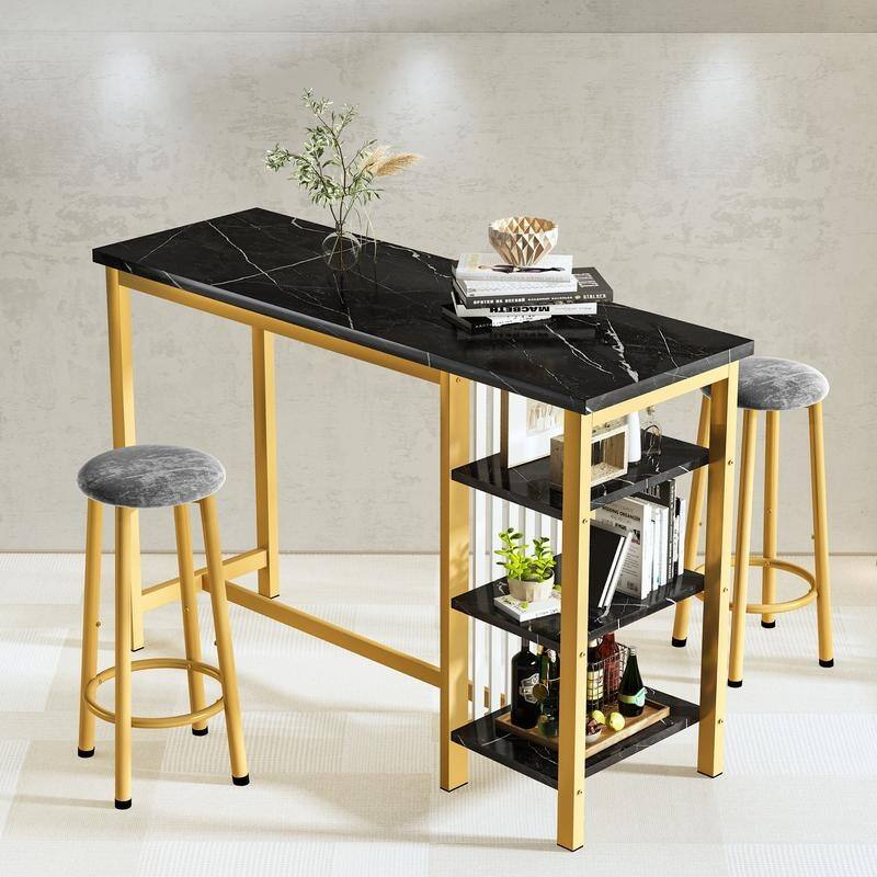 Grondin Modern Contemporary Faux Marble 3 Piece Bar Table Set with 2 Upholstered Stools and Extra Storage Shelves