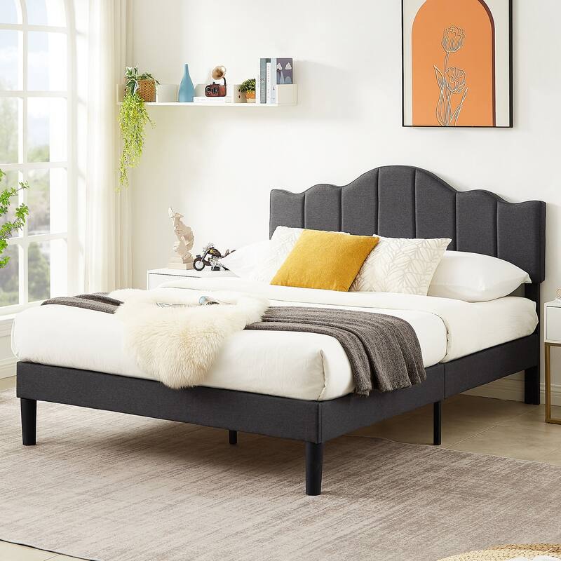VECELO Modern Upholstered Bed with Curved Height Adjustable Headboard,Dark Grey