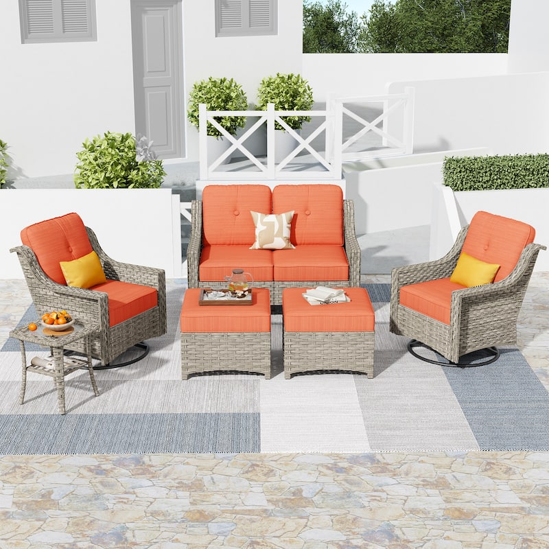 HOOOWOOO 6-piece Wicker Furniture Patio Loveseat Sofa Conversation Set with Swivel Chair - Red/Orange