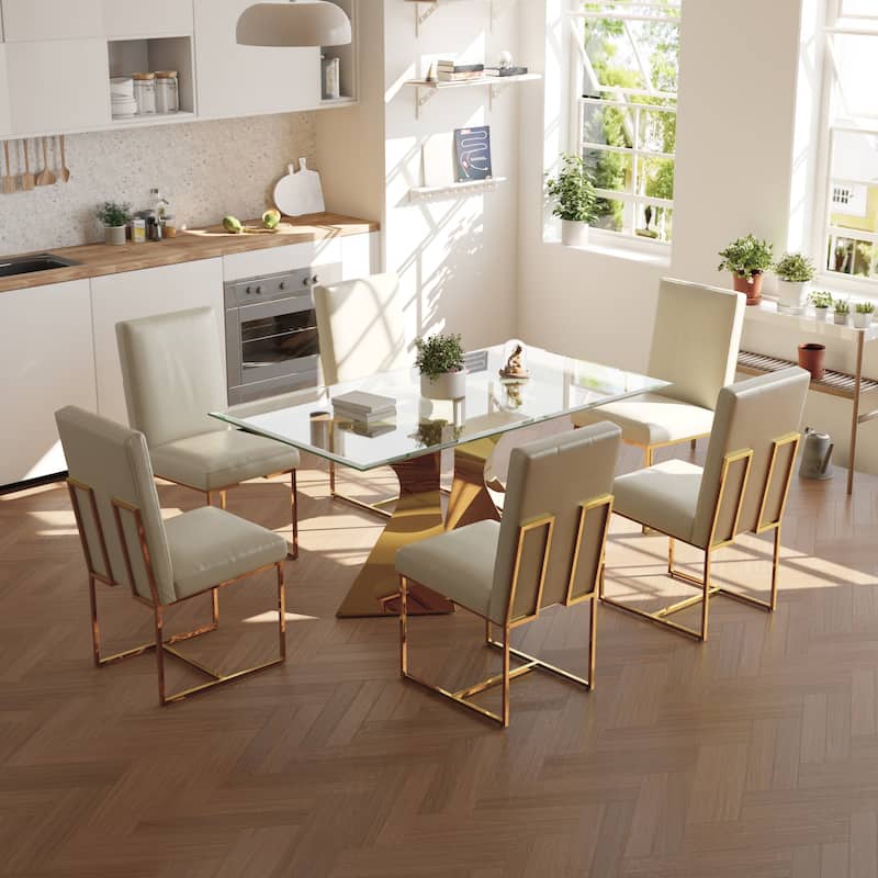 Luxury Gold Dining Table Set with 63 inch Glass Dining Table and White Leather Dining Chairs - Table with 6 Chairs - White