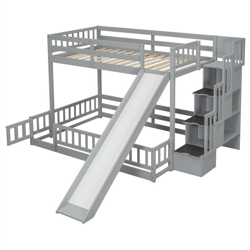 Twin Over Full Multifunctional Kids Bunk Bed Frame with Slide, Wooden Loft Bed with Storage Staircase and Guardrails