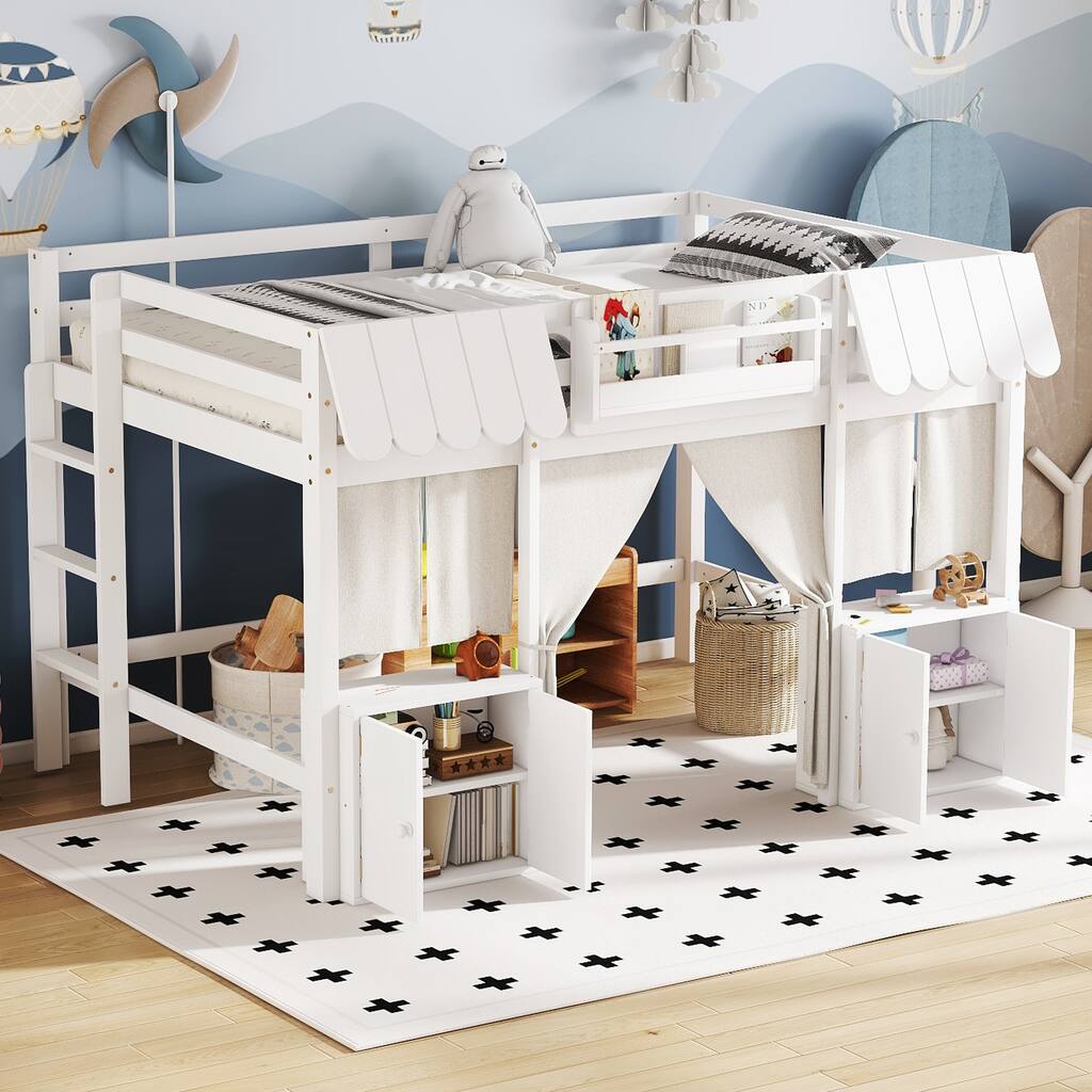 Fairy Tale Cottage Loft Bed with Tent, Bookshelf and Storage Cabinets