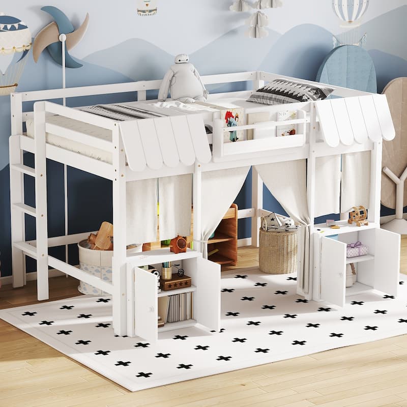Fairy Tale Cottage Loft Bed with Tent, Bookshelf and Storage Cabinets - White - Full