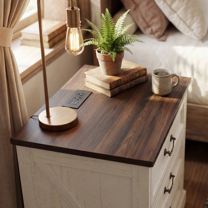 Farmhouse Nightstand with Charging Station, 3 Drawer Bedside Table with 2 AC Outlets & 2 USB Ports, Rustic Wood End Table