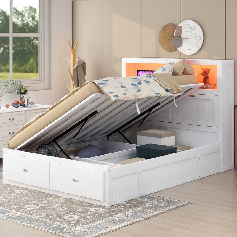 Full/Queen Size Hydraulic Storage Platform Bed Frame with LED, Charging Station and 2 Drawers