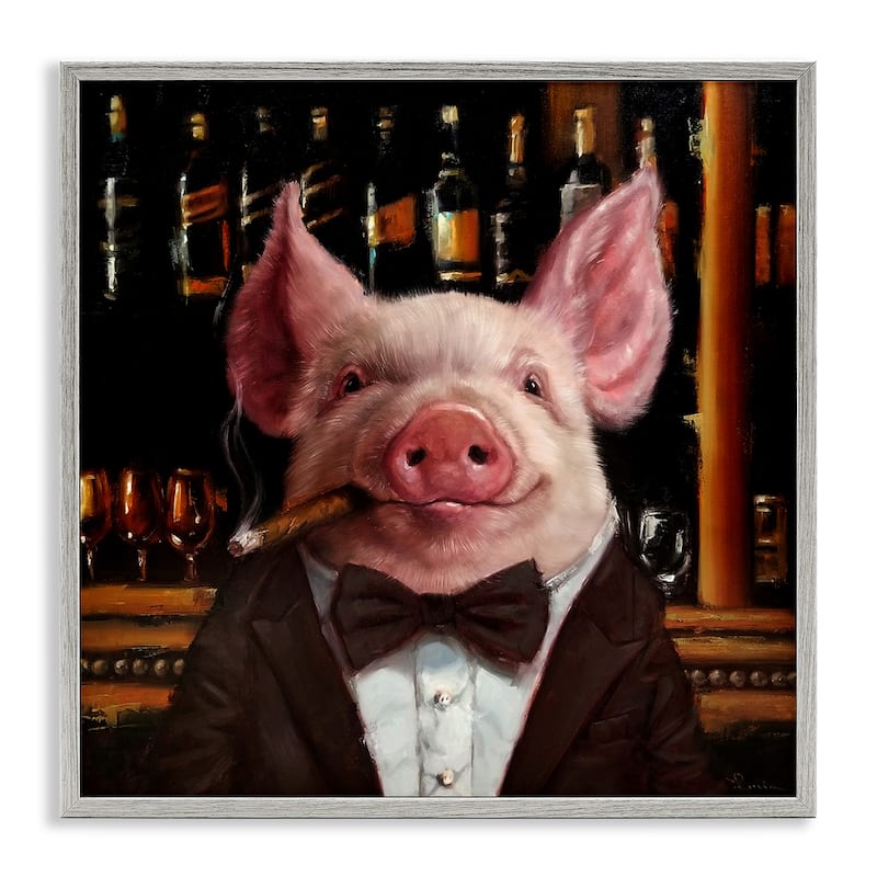 Stupell Classy Pig at Cigar Bar Farm Animal Painting Framed Wall Art,12x12 - 24 x 24 - Grey