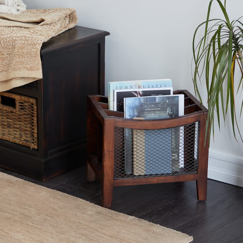 Wood 3 Slot Magazine Holder with Netting Side Panels - Brown - Roche River Decor - 11"Wx15"Lx13"H