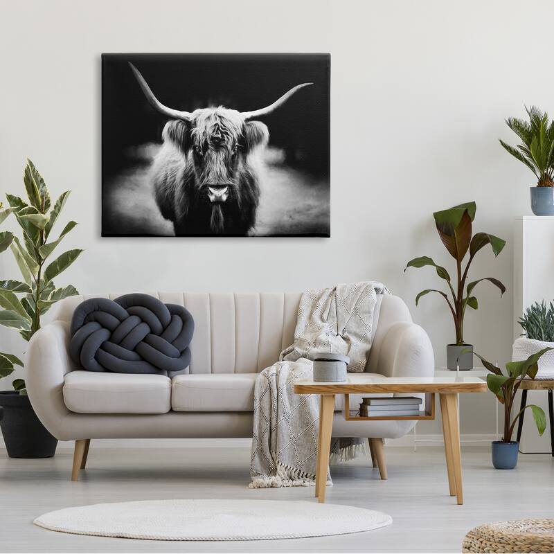 Stupell Bold Longhorn Portrait Black White Cattle Photography Canvas Wall Art - Grey
