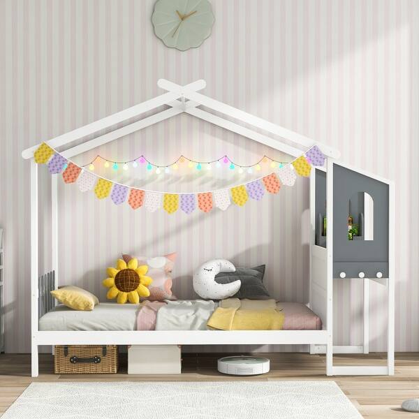 slide 2 of 11, Twin/Full Bed Frame with House Roof Canopy and Fence for Kids Full Size