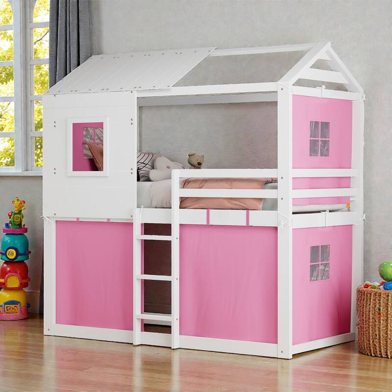 Twin/Full Wood House Bunk Bed with Tent, Playhouse Design, Windows & Roof, Solid Wood Frame, No Box Spring Required