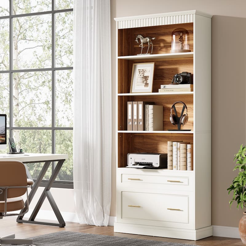 5-tier Tall Modern Wood Bookcase Bookshelf with File Cabinet Drawer - White and Oak-1 PC