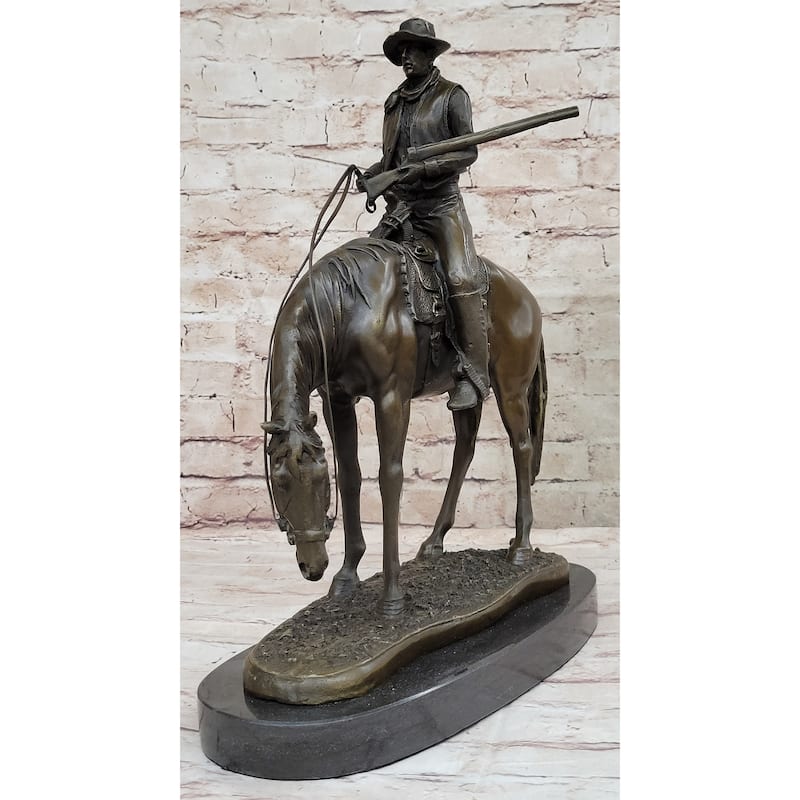 Western Cowboy On Horseback W/ Shotgun Bronze Sculpture Statue 16 Inches X 14 Inches