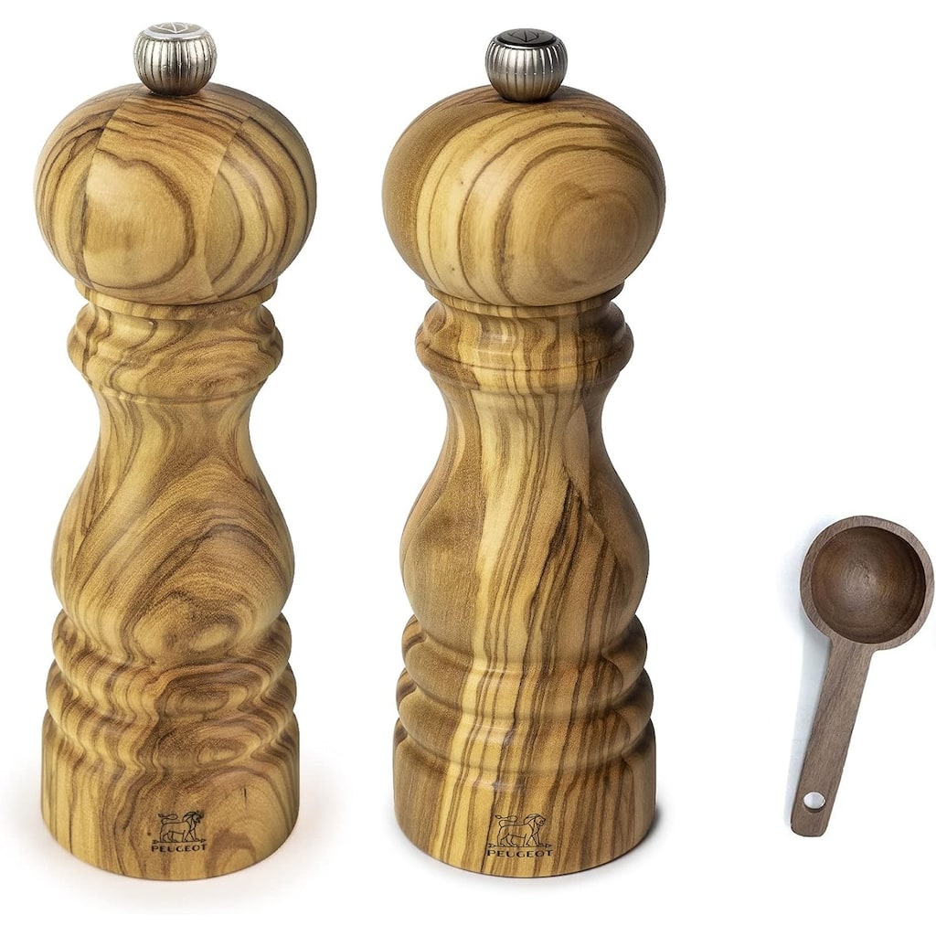 Paris Olivier Salt & Pepper Mill Gift Set Olive Wood - With Wooden Scoop (7 Inches)