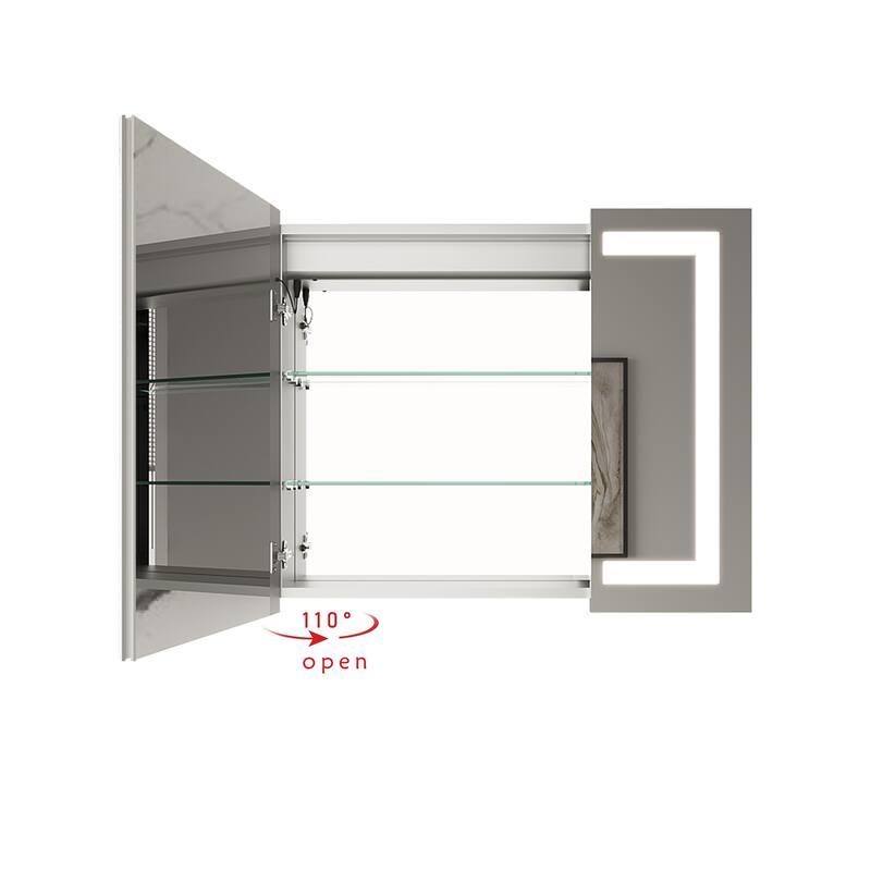 36 in. W x 30 in. H Rectangular Aluminum Frameless Double Door LED Lighted and Defogger Medicine Cabinet with Mirror - Silver Finish - White