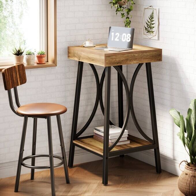 2-Tier Industrial Bar Table, Wooden High Top table with Metal Frame