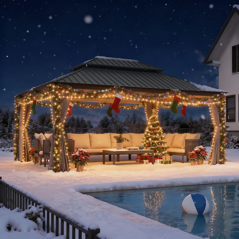 PURPLE LEAF Outdoor Galvanized Steel Hardtop Gazebo, Aluminum Frame Gazebo With Curtains and Light