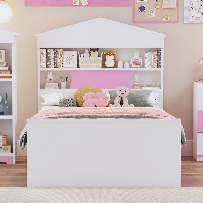 Twin Size Platform Bed with Two Drawers,Sturdy Wood Bed Frame with House Shaped Storage Headboard