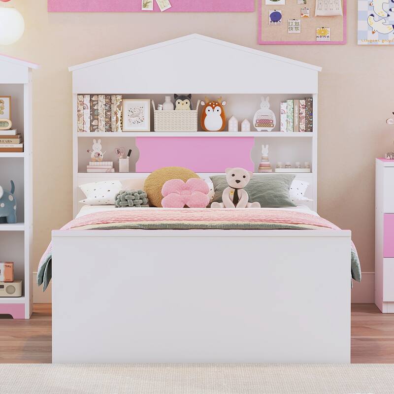 Twin Size Wood Platform Bed with Storage Shelf , Built-in Two Storage Drawers