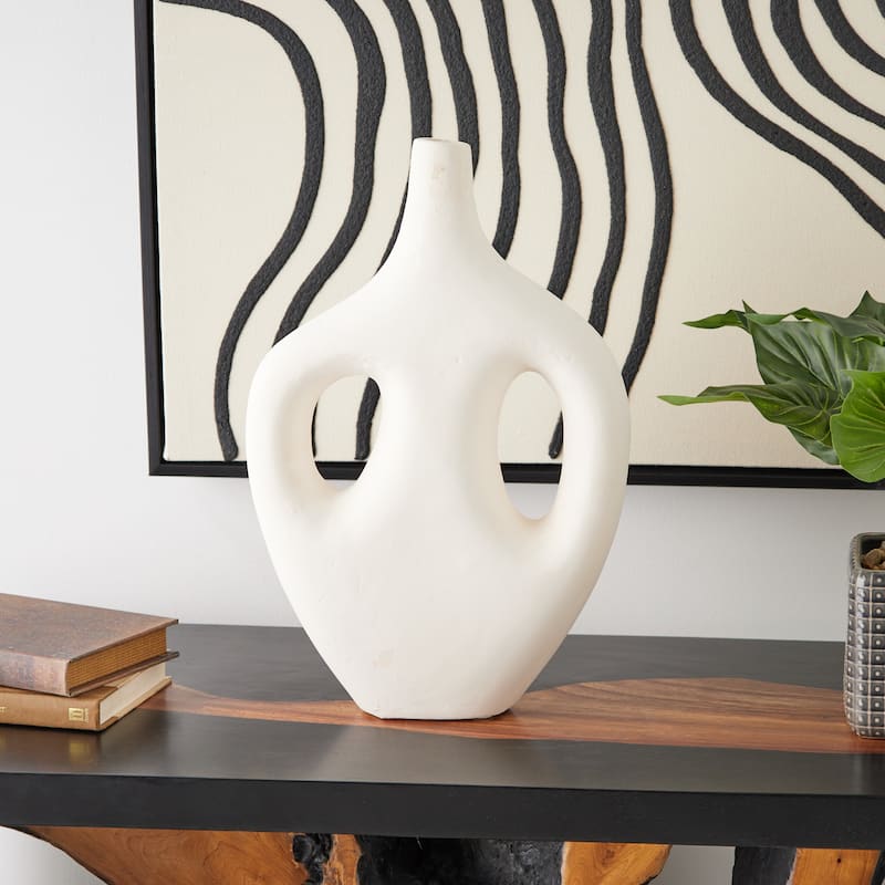 Beige Paper Mache Abstract Double Handle Decorative Vase - Beige