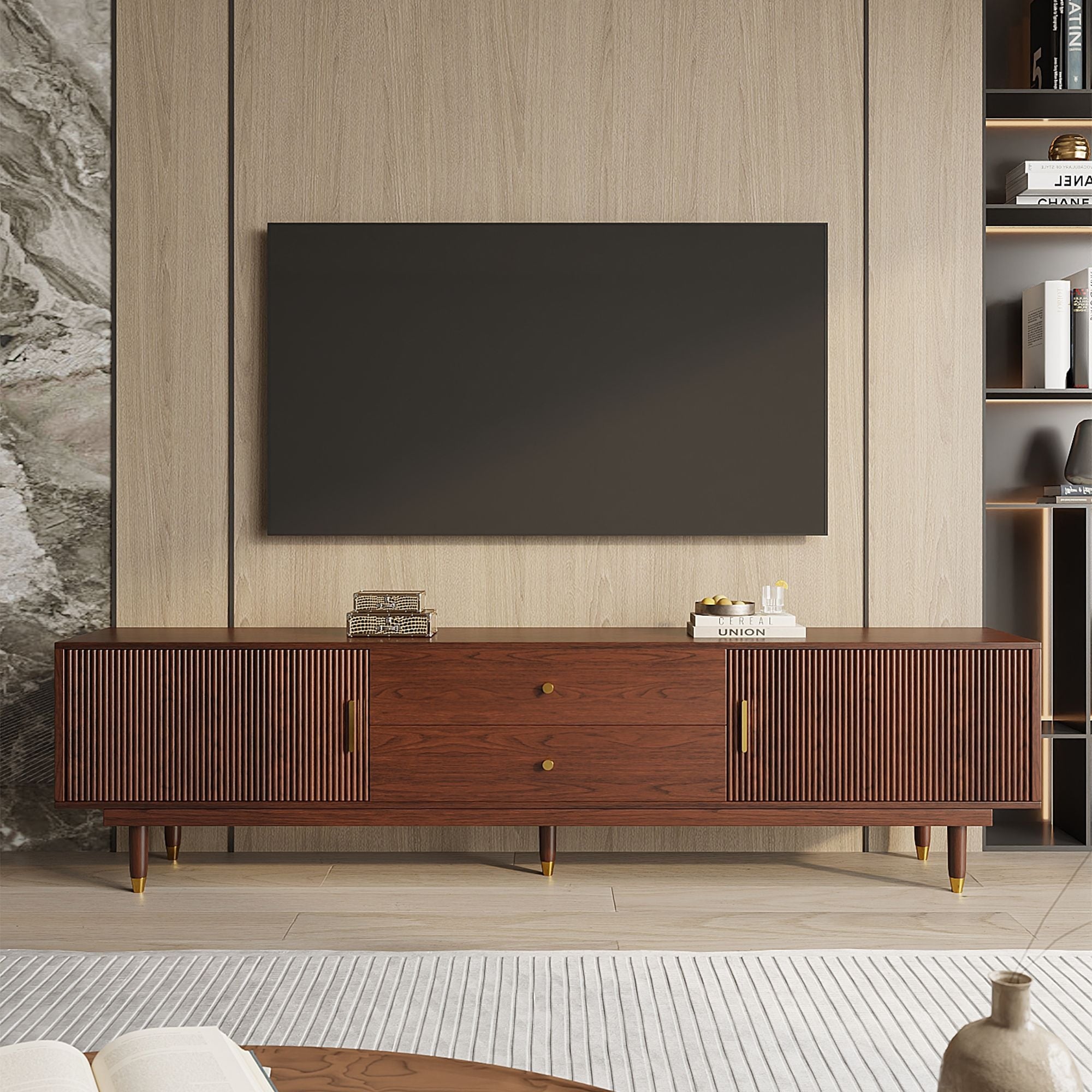 Mid-Century Modern TV Cabinet Entertainment Center with Storage Drawers, Living Room Bedroom Media Cabinet Walnut- 70.9