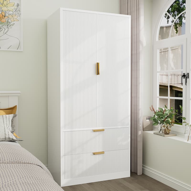 Meyreso Fluted Armoire Wardrobe Closet Storage Cabinet with 2 Doors & 2 Drawers - N/A - White