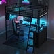 preview thumbnail 15 of 22, Twin/Full Size Loft Bed with LED Light and Bulit-in Desk, Metal Gaming Loft Bedframe with 4 Storage Shelves and Ladder