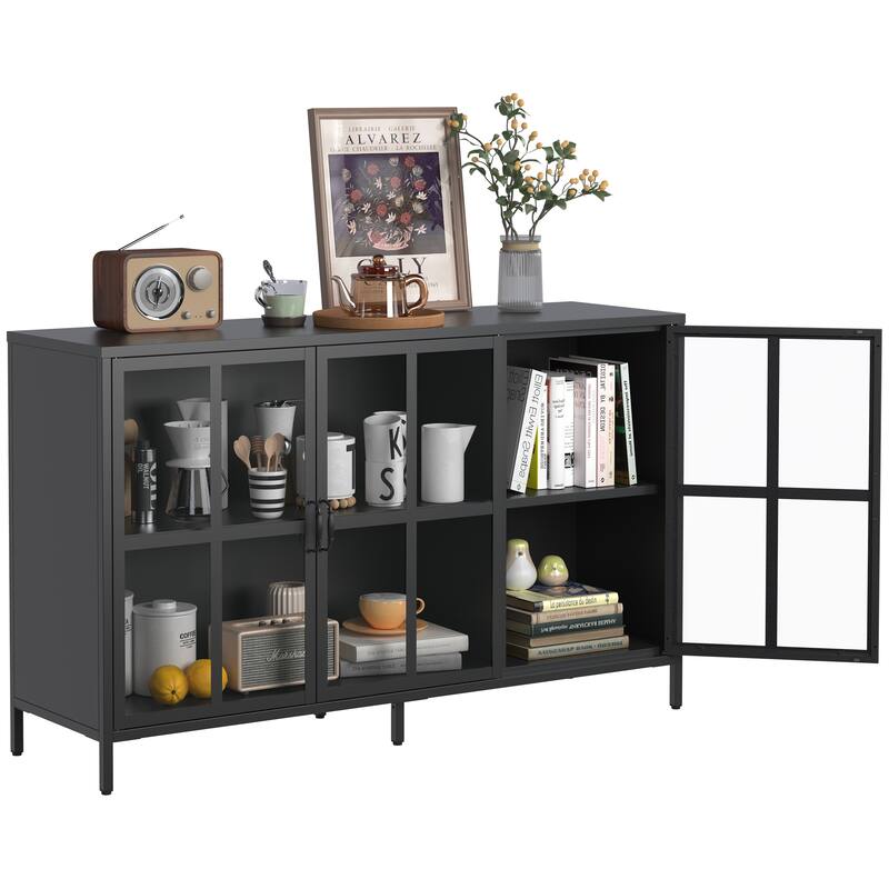 Sideboard Cabinet with Glass Doors, Coffee Bar Cabinet with Shelves, Steel Storage Cabinet with Adjustable Feet