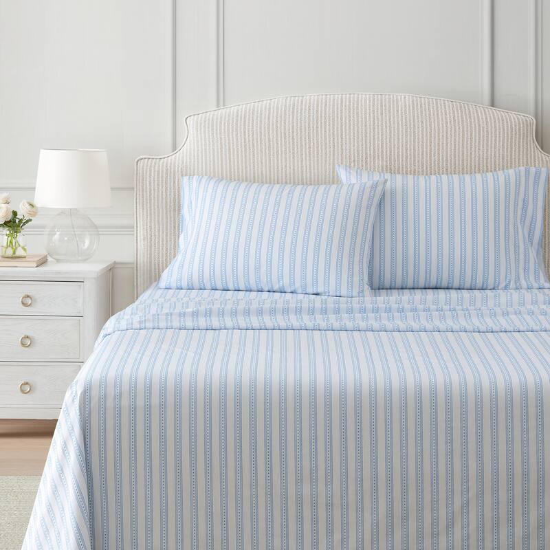 Martha Stewart Printed Cotton Percale Sheet Set - Francesca Stripe Blue - Full