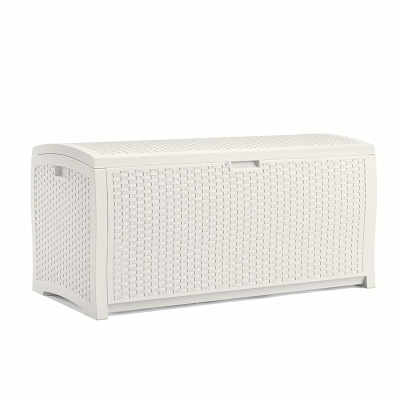 Suncast 99 Gallon Deck Garden Garage Home Wicker Resin Pool Box, White (2 Pack) - 38