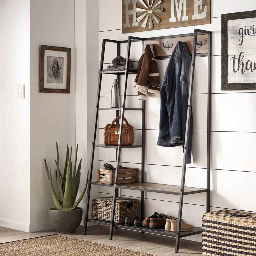 Duke Matte Black Finish Metal Coat Rack with Ladder Shelf by iNSPIRE Q Modern