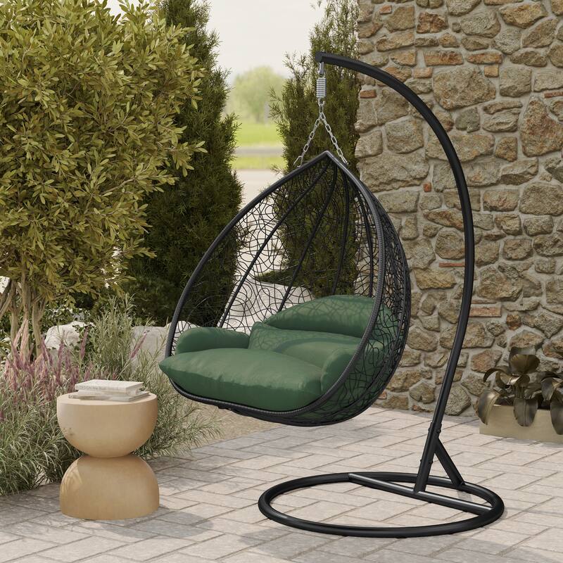 2-Person Outdoor Hanging Egg Chair with Teardrop Frame, Weather-Resistant Cotton Cushioned Seat for Patio and Indoor Use