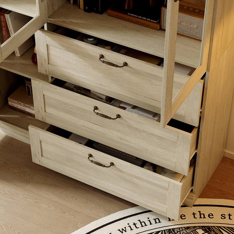 Bookcase Cabinet with Glass Doors and Drawers Multi-Purpose Storage Display Hutch for Living Room or Dining Room