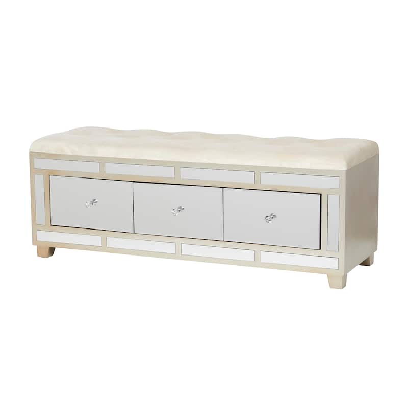 Gray or Cream Wood Mirrored 3 Drawer Bench with Upholstered Seat