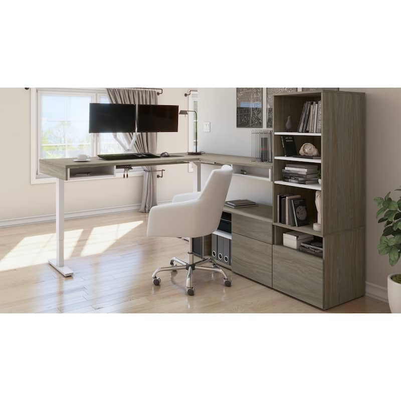 Viva 72W L-Shaped Standing Desk with Monitor Arm and Storage by Bestar - Walnut Grey & White