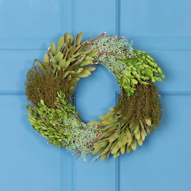 Cedar, Succulent & Day Grass Artificial Spring Wreath, Green -14-Inch