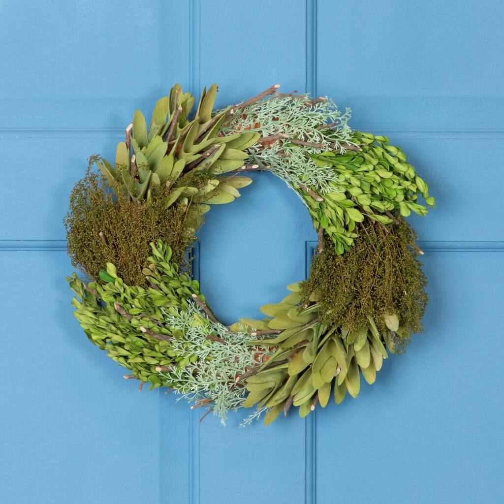 Cedar, Succulent & Day Grass Artificial Spring Wreath, Green -14-Inch