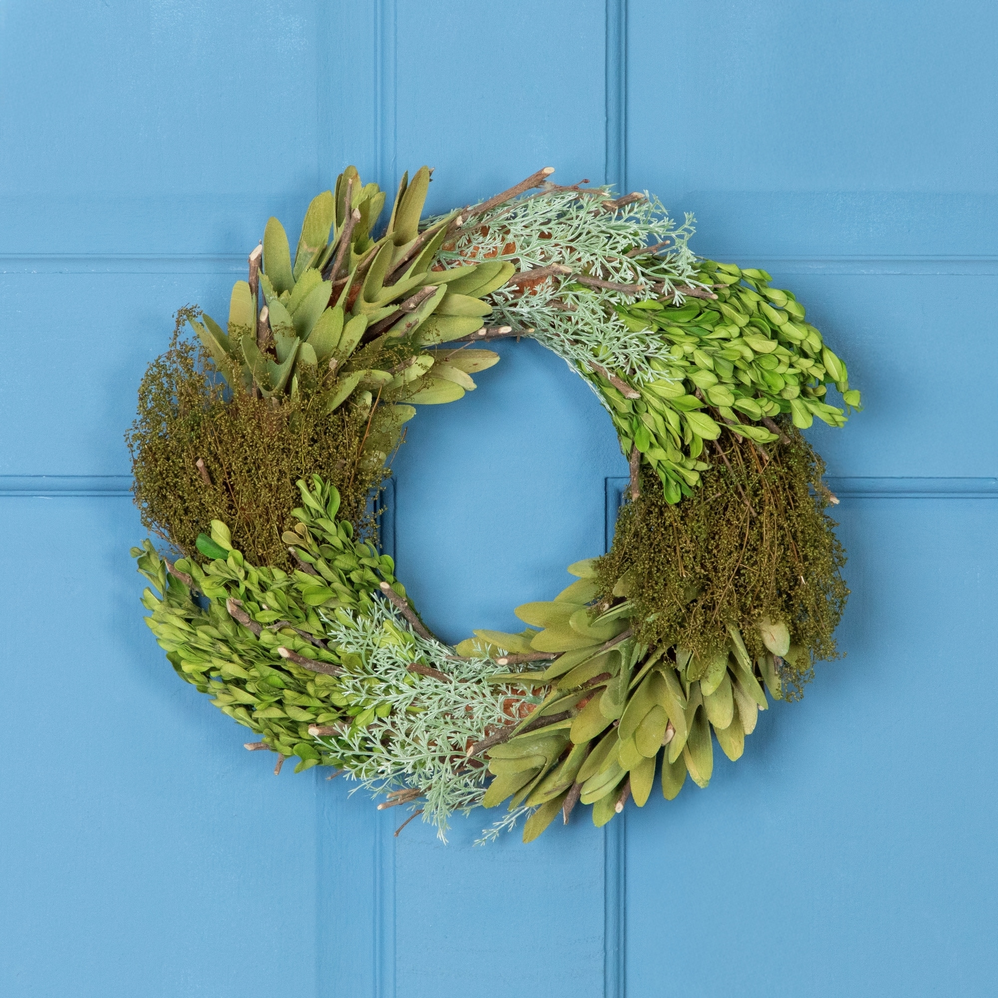 Cedar, Succulent & Day Grass Artificial Spring Wreath, Green -14-Inch
