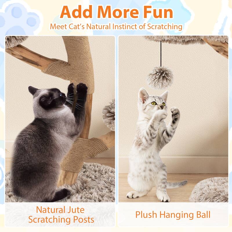 4-Level Cat Tower with Cozy Plush Perches and Natural Wood Base Jute Scratching Posts for Cats