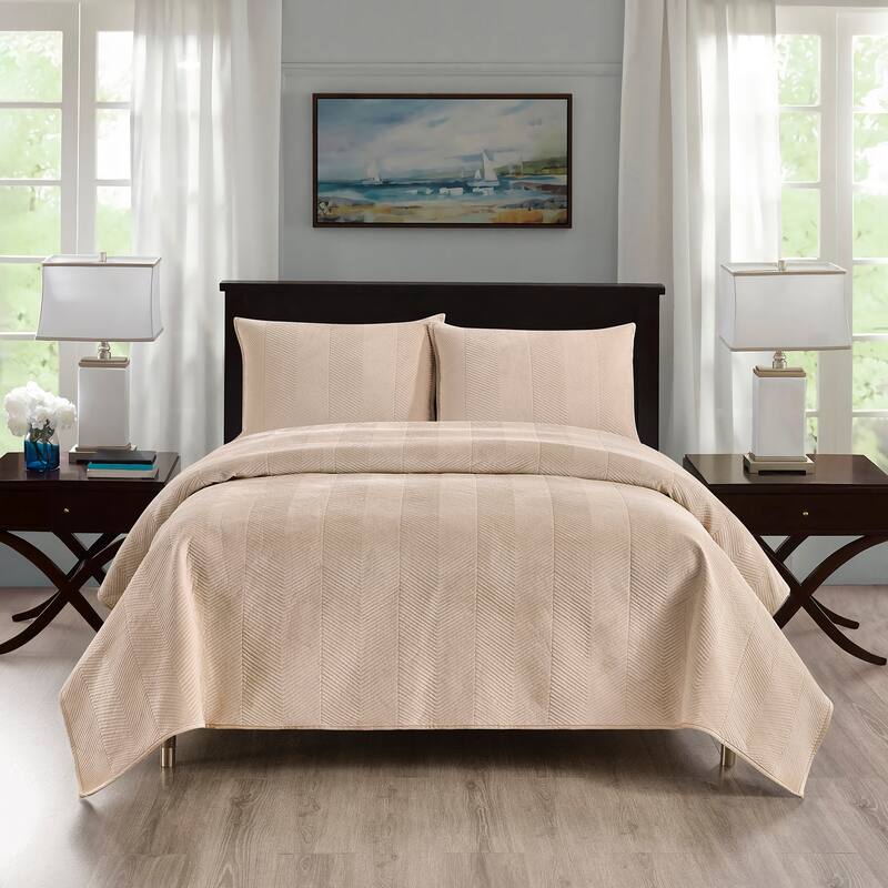 Pointehaven Heavy-Weight Oversized Chevron Design Velvet Quilt Sets - Taupe - Full - Queen