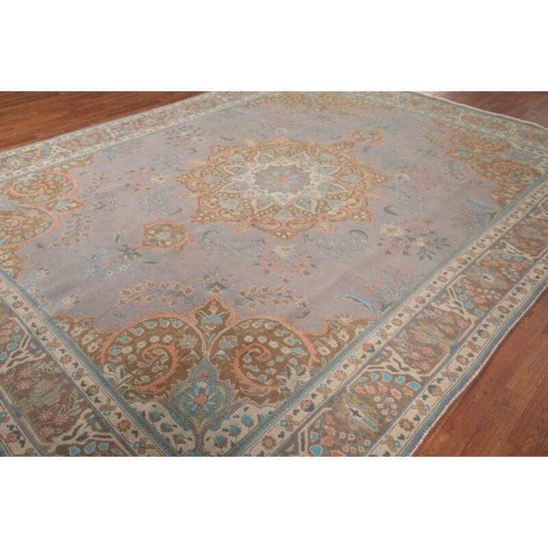 Tabriz Persian Vintage Rug Hand-Knotted Traditional Gray Wool Carpet - 9'5"x 12'4"