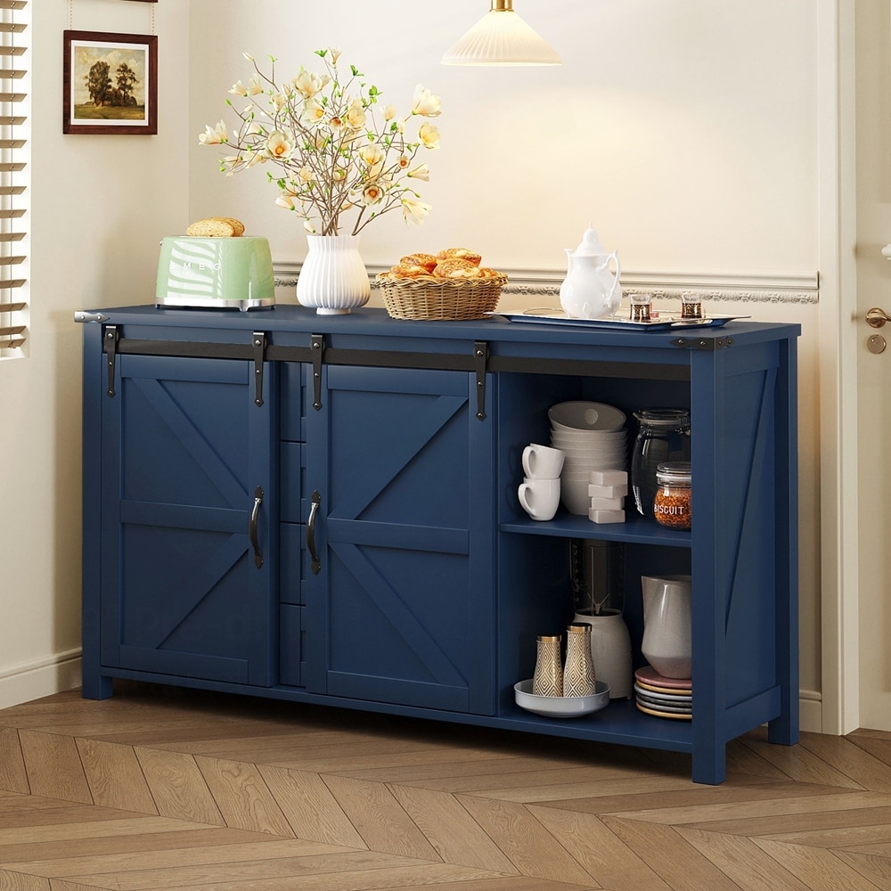 Farmhouse Storage Cabinet with Sliding Barn Doors and 4 Drawers