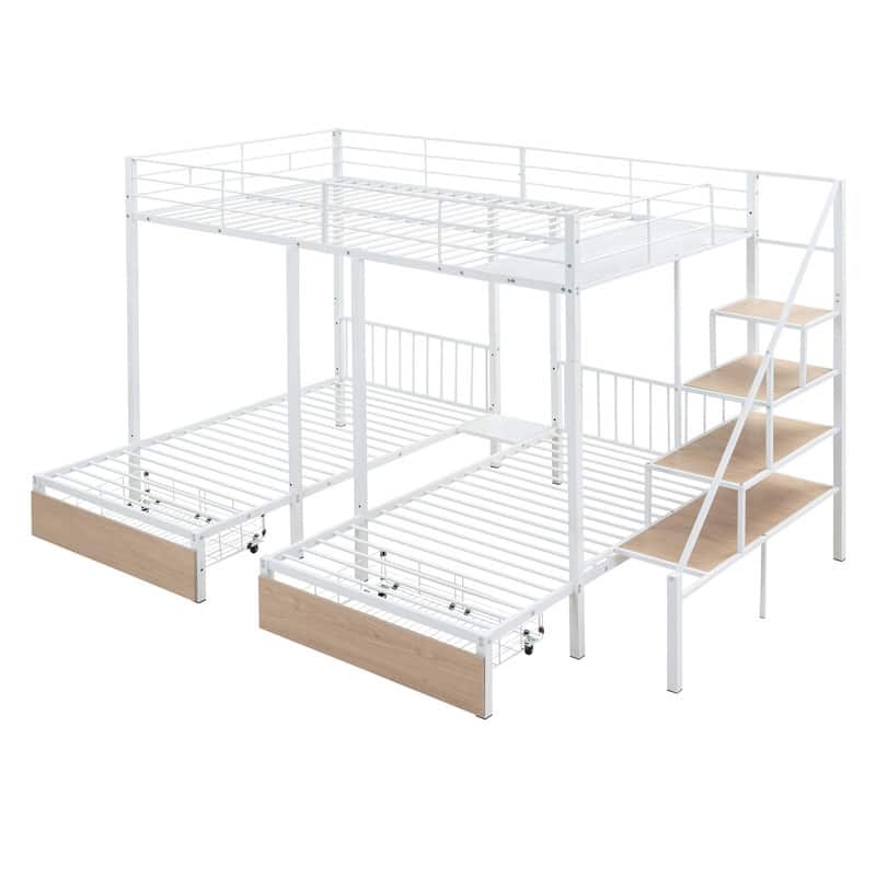 Full over Twin over Twin Metal Triple Bunk Bed with Drawers, Staircase